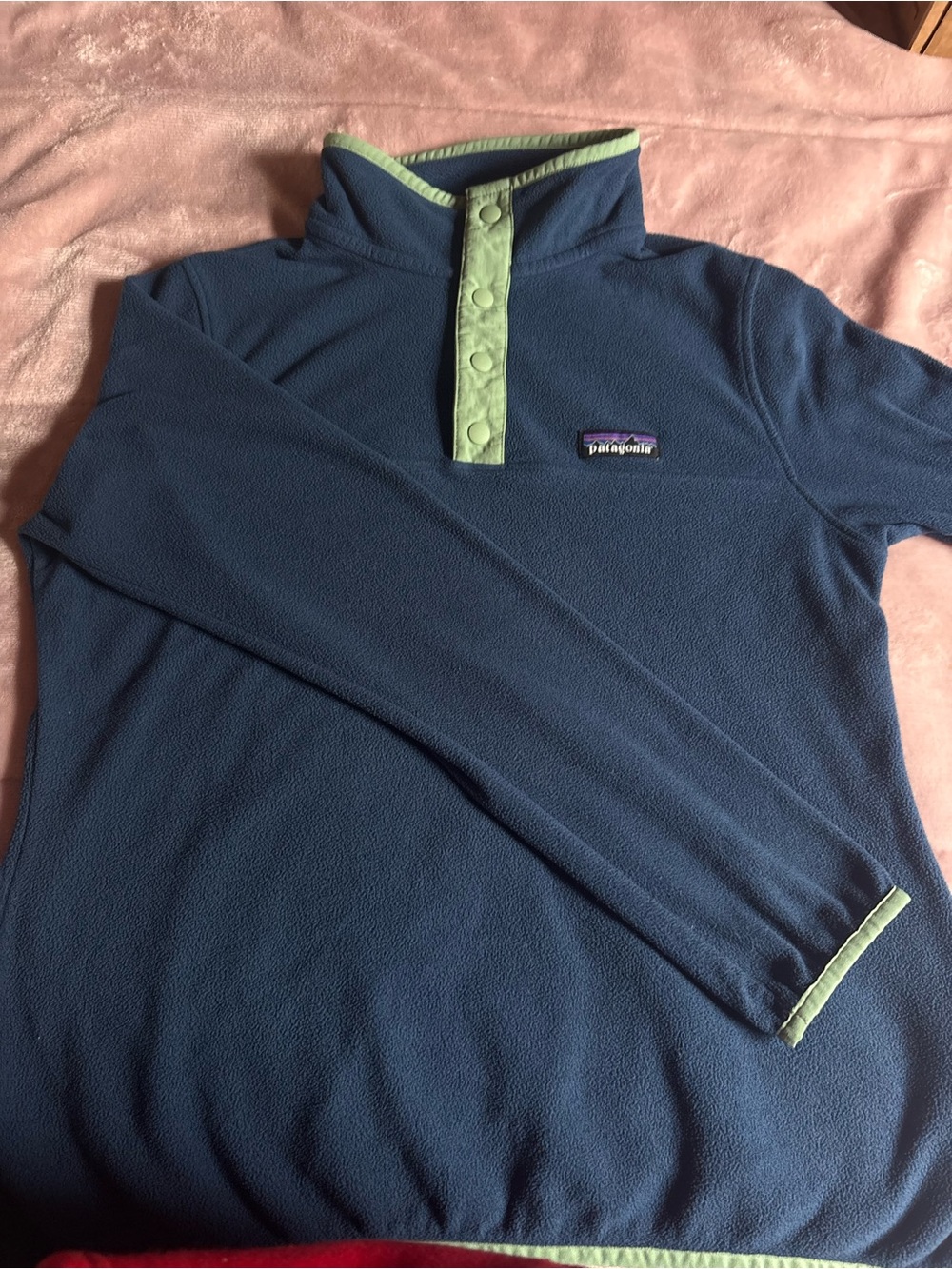 Patagonia Blue Crewneck Pullover with Mint Trim
